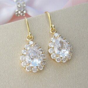 Gold CZ Diamond Earrings Teardrop Pierced Dangle Pear Cut Halo NWT Nadri Style